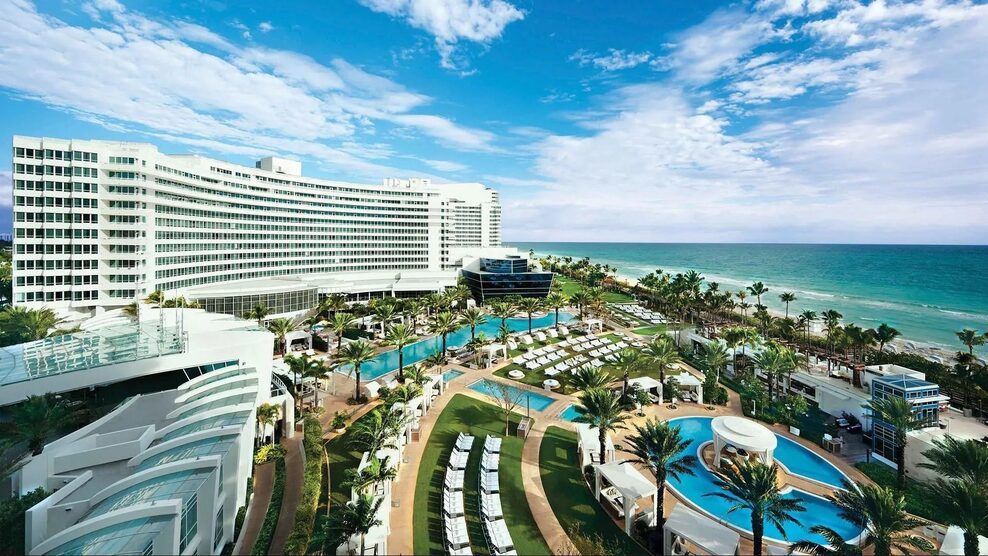 Fontainebleau Miami Beach — aerial view of the resort, pool deck, and oceanfront